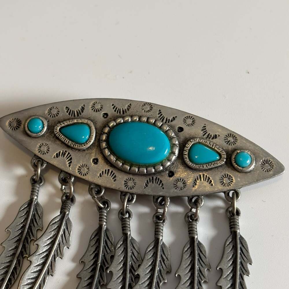 JJ Jonette Jewelry Southwestern Style Turquoise Feather Dangle Brooch Pewter Pin - Picture 9 of 11
